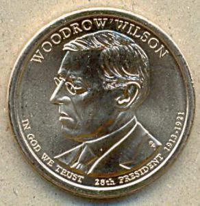 1 доллар. 2013 год. Вудро Вилсон 28 президент. "P" ― 